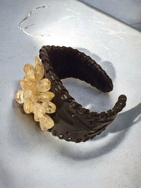 BOHO Handmade Black Leather Braided Cuff Bracelet with Citrine Stones